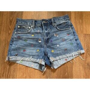 AEO American Eagle ‘90s Boyfriend Short Blue Denim Embroidered Size 2 Rainbow